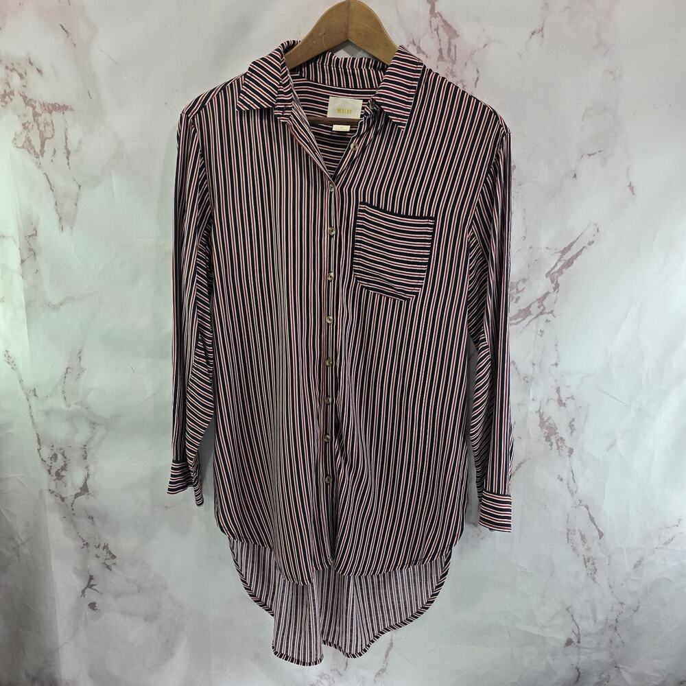 Anthropologie Shirt Womens XS Black Red Stripe Button Blouse Hi Low Tunic Maeve
